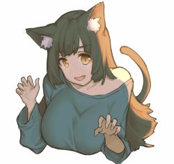 Rule 34 | 1girl, animal ear fluff, animal ears, backlighting, bad id, bad pixiv id, blouse, blue shirt, brown hair, cat ears, cat tail, cropped torso, fang, mogu (kanikama mgmg), original, shirt, simple background, solo, tagme, tail, upper body, white background