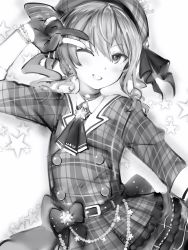 Rule 34 | 1girl, bad id, bad pixiv id, bead bracelet, beads, belt, blush, bow, bracelet, buttons, checkered clothes, checkered dress, choker, cowboy shot, double-breasted, dress, gloves, greyscale, hand up, highres, hololive, hoshimachi suisei, hoshimachi suisei (1st costume), jewelry, looking at viewer, monochrome, nanashi (nlo), one eye closed, partially fingerless gloves, short sleeves, smile, solo, v over eye, virtual youtuber