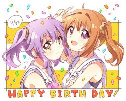 Rule 34 | 10s, 2girls, blush, breasts, brown eyes, brown hair, cleavage, closed mouth, collarbone, confetti, dated, happy birthday, looking at viewer, medium breasts, multiple girls, namori, official art, open mouth, purple eyes, purple hair, release the spyce, sagami fuu, short hair, short twintails, sleeveless, smile, speech bubble, twintails, v, yachiyo mei