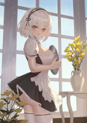 Rule 34 | 1girl, apron, ass, azur lane, bad id, bad pixiv id, black dress, blue sky, breasts, cirilla lin, commentary, day, dress, flower, flower pot, frilled apron, frills, from side, hair between eyes, hairband, highres, holding, holding tray, indoors, large breasts, light blush, looking at viewer, maid, puffy short sleeves, puffy sleeves, red eyes, short hair, short sleeves, sidelocks, silver hair, sirius (azur lane), sky, solo, standing, sunlight, table, thighhighs, tray, vase, white apron, white thighhighs, window