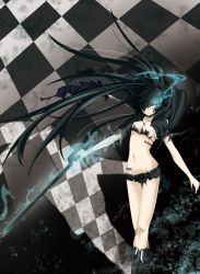 Rule 34 | 10s, 1girl, absurdres, bikini, bikini top only, black hair, black rock shooter, black rock shooter (character), black rock shooter (game), blue eyes, boots, breasts, female focus, glowing, glowing eyes, gradient background, hair over one eye, highres, long hair, navel, ruruta, scar, shorts, solo, swimsuit, sword, torn clothes, twintails, very long hair, weapon