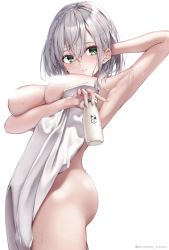 Rule 34 | 1girl, arm behind head, arm up, armpits, blush, bottle, braid, breasts, censored, censored nipples, covering privates, from side, green eyes, highres, holding, hololive, large breasts, milk, milk bottle, momonoko noko, naked towel, nude cover, parted lips, shirogane noel, short hair, silver hair, simple background, solo, towel, twitter username, virtual youtuber, white background