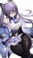 Rule 34 | 1girl, absurdres, arm support, bare shoulders, black gloves, black pantyhose, breasts, closed mouth, cone hair bun, crossed legs, detached sleeves, frown, genshin impact, gloves, hair bun, highres, keqing (genshin impact), long hair, looking at viewer, medium breasts, pantyhose, purple eyes, purple hair, purple skirt, shirt, simple background, sitting, skirt, solo, twintails, underbust, v-shaped eyebrows, very long hair, white background, white shirt, wide hips, yushe quetzalli