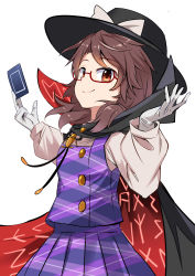Rule 34 | 1girl, absurdres, black cape, black hat, bow, brown eyes, brown hair, cape, card, commentary request, cowboy shot, e.o., fedora, glasses, gloves, hands up, hat, hat bow, high collar, highres, holding, holding card, long sleeves, looking at viewer, low twintails, plaid, plaid skirt, plaid vest, pleated skirt, purple skirt, purple vest, quimbaya airplane, red-framed eyewear, runes, semi-rimless eyewear, shirt, short hair, simple background, skirt, skirt set, smile, solo, touhou, twintails, under-rim eyewear, usami sumireko, vest, white background, white bow, white gloves, white shirt, zener card