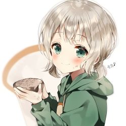 Rule 34 | 1girl, aoba moca, bad id, bad twitter id, bang dream!, blush, bread, character name, food, green eyes, grey hair, jacket, looking at viewer, short hair, short twintails, simple background, smile, solo, twintails, weri, white background