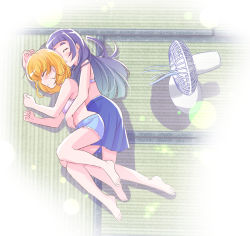 Rule 34 | 2girls, asahina mirai, bare arms, bare legs, bare shoulders, barefoot, blue shorts, blue skirt, blush, bra, commentary, electric fan, closed eyes, gradient hair, hand on another&#039;s chest, hug, izayoi liko, light particles, long hair, lying, mahou girls precure!, mitumi mira, multicolored hair, multiple girls, no shirt, on side, orange hair, precure, purple bra, purple hair, short hair, shorts, skirt, sleeping, streamers, tatami, thick eyebrows, underwear, vignetting, yuri