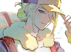 Rule 34 | 1boy, blonde hair, blue eyes, commentary request, creatures (company), fur trim, game freak, hair over one eye, hand on headwear, hand up, highres, long sleeves, male focus, nao (naaa 195), nintendo, parted lips, pokemon, pokemon legends: arceus, sketch, smile, solo, strap, upper body, volo (pokemon), white background