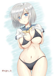 Rule 34 | 10s, 1girl, ass, bikini, blue eyes, blush, breasts, cleavage, clothes lift, covered erect nipples, eyes visible through hair, gloves, hair ornament, hair over one eye, hairclip, hamakaze (kancolle), kantai collection, kishi nisen, large breasts, long hair, looking at viewer, lying, micro bikini, navel, no pants, on back, parted lips, shirt, shirt lift, short hair, short sleeves, silver hair, solo, stomach, swimsuit, thigh gap, thighs, twitter username