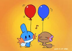 Rule 34 | animal focus, artist name, balloon, blue skin, blush, closed eyes, colored skin, commentary request, creatures (company), dark skin, dated, fins, game freak, gen 3 pokemon, highres, holding, holding balloon, mudkip, musical note, nintendo, no humans, paldean wooper, pokemon, pokemon (creature), saba hokke, simple background, smile, tail, yellow background