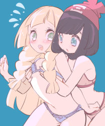 Rule 34 | 2girls, bare shoulders, beanie, black hair, blonde hair, blue background, blue bra, blue eyes, blue panties, blush, bow, bow bra, bow panties, bra, braid, chorimokki, cowboy shot, creatures (company), female focus, flat chest, flat chest grab, flying sweatdrops, frilled bra, frilled panties, frills, game freak, grabbing, hand in panties, hand up, hands up, hat, lillie (pokemon), long hair, looking at another, multiple girls, navel, nintendo, open mouth, panties, poke ball symbol, poke ball theme, pokemon, pokemon sm, red bra, red hat, red panties, selene (pokemon), short hair, simple background, twin braids, underwear, underwear only, yuri