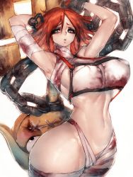 Rule 34 | 1girl, a.b.a, arms up, bandages, blood, bloody bandages, breasts, fumio (rsqkr), guilty gear, highres, key, large breasts, looking at viewer, midriff, red hair, short hair, simple background, solo, thighs, white background, wide hips