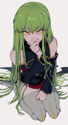 Rule 34 | 1girl, bad id, bad pixiv id, bare shoulders, belt, boots, breasts, c.c., code geass, commentary, detached sleeves, eyelashes, green hair, hair between eyes, hand on own face, high heels, highres, long hair, looking at viewer, medium breasts, open mouth, seiza, sitting, solo, thigh boots, thighhighs, urkt 10, very long hair, yellow eyes