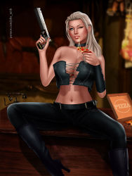 Rule 34 | 1girl, blonde hair, boots, devil may cry, devil may cry (series), devil may cry 4, food, gun, high heel boots, high heels, john reith, one eye closed, pizza, trish (devil may cry), weapon