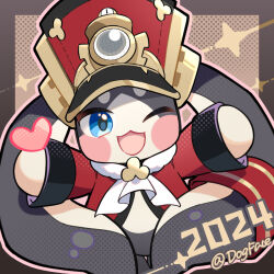 Rule 34 | 1other, 2024, animal ears, arms up, artist name, blue eyes, border, brown background, brown border, coat, fur-trimmed coat, fur trim, gold trim, gou lianlian dogface, hat, heart, honkai: star rail, honkai (series), long sleeves, looking at viewer, one eye closed, open mouth, outside border, pom-pom (honkai: star rail), rabbit ears, red coat, red hat, simple background, smile, solo, standing, tongue