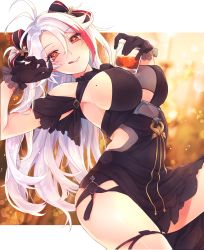 Rule 34 | 1girl, :q, arched back, azur lane, black bow, black dress, black gloves, blush, bow, breasts, closed mouth, commentary request, covered erect nipples, cross, cup, dress, drink, drinking glass, frilled gloves, frills, gloves, hair between eyes, hair bow, hands up, highres, holding, holding cup, ice, ice cube, iron cross, large breasts, leaning back, long hair, looking at viewer, mole, mole on breast, multicolored hair, orange eyes, parted bangs, prinz eugen (azur lane), prinz eugen (cordial cornflower) (azur lane), red hair, shichijou natori, silver hair, smile, solo, streaked hair, striped, striped bow, tongue, tongue out, two side up, very long hair