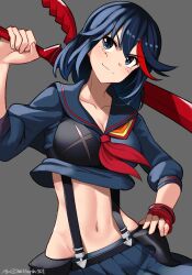 Rule 34 | 1girl, black hair, blue eyes, blush, breasts, closed mouth, grey background, hand on own hip, highres, hiroshi (hunter-of-kct), kill la kill, large breasts, looking at viewer, matoi ryuuko, midriff, navel, scissors, senketsu, short hair, simple background, smile, solo