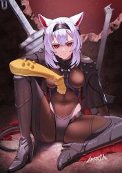 Rule 34 | 1girl, animal ears, arknights, black footwear, black hairband, bodysuit, boots, breasts, brown bodysuit, closed mouth, commentary request, covered navel, elbow gloves, gloves, hair between eyes, hairband, high heel boots, high heels, highres, knee up, long hair, looking at viewer, medium breasts, memetaroh, mole, planted, planted sword, planted weapon, red eyes, scavenger (arknights), signature, solo, spikes, sword, tail, weapon, white hair, yellow gloves