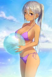 Rule 34 | 1girl, ball, bare arms, bare shoulders, beachball, bikini, blue sky, blush, breasts, cleavage, cloud, collarbone, commentary request, day, from side, groin, hair between eyes, holding, holding ball, horizon, large breasts, long hair, mole, mole under eye, ocean, original, outdoors, parted lips, ponytail, purple bikini, purple eyes, sakusaku, side-tie bikini bottom, sidelocks, silver hair, sky, solo, swimsuit, tan, transparent, very long hair, water