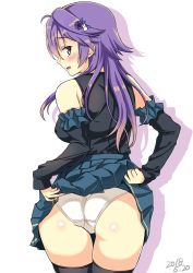 Rule 34 | 1girl, absurdres, anemone (flower knight girl), ass, bad id, bad twitter id, black shirt, black thighhighs, blue skirt, clothes lift, cowboy shot, dated, flower, flower knight girl, from behind, grey eyes, hair flower, hair ornament, hairclip, highres, hihiirokane m, lifted by self, long hair, looking at viewer, looking back, panties, profile, purple hair, rabbit hair ornament, shiny skin, shirt, simple background, skirt, skirt lift, smile, solo, standing, thighhighs, underwear, white background, white panties
