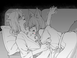 Rule 34 | 2girls, alternate costume, animal ears, arknights, arm grab, bare shoulders, bathrobe, bite mark, blood, blush, clothing cutout, collarbone, couch, drlee lili, extra ears, flat chest, heavy breathing, highres, injury, licking, long hair, lying, motion lines, mouse ears, multiple girls, off shoulder, on back, on couch, open clothes, open mouth, pillow, provence (arknights), scavenger (arknights), tail, tail through clothes, trembling, wolf ears, wolf girl, wolf tail, yuri
