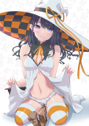 Rule 34 | 1girl, absurdres, black hair, checkered clothes, checkered headwear, closed mouth, detached collar, floating hair, frilled panties, frills, hat, hat ribbon, highres, idolmaster, idolmaster shiny colors, kazano hiori, lingerie, long hair, looking at viewer, midriff, mole, mole under mouth, navel, neck ribbon, negligee, orange ribbon, panties, purple eyes, ribbon, simple background, sitting, smile, solo, staff, stomach, striped clothes, striped thighhighs, thighhighs, umirororo, underwear, wariza, white background, white hat, white panties, witch hat