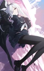 Rule 34 | 1girl, absurdres, arm up, black choker, black coat, black eyes, black hairband, black pantyhose, black serafuku, blue archive, blurry, blurry background, bow, braid, choker, coat, commentary, desk, expressionless, from side, hair bow, hair over one eye, hairband, half-closed eyes, halo, hand up, highres, knees up, loafers, long hair, long sleeves, looking at viewer, looking to the side, lying, midriff peek, neckerchief, on back, on floor, open clothes, open coat, open mouth, pantyhose, plana (blue archive), pleated skirt, sb lama, school desk, school uniform, serafuku, shadow, shoes, side braid, sideways, silhouette, skirt, solo, white bow, white hair, white neckerchief