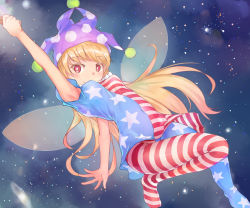 Rule 34 | 1girl, american flag dress, american flag legwear, arm up, armpits, artistic error, bad id, bad pixiv id, blonde hair, breasts, bright pupils, clownpiece, colored eyelashes, fairy wings, feet, floating, galaxy, hat, hip focus, jester cap, leg up, long hair, looking at viewer, meson, navel, no shoes, outstretched arm, pantyhose, red eyes, short sleeves, small breasts, smile, solo, space, stomach, striped clothes, striped pantyhose, torch, touhou, very long hair, wings