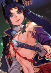 Rule 34 | 1girl, armor, asymmetrical sleeves, bare shoulders, black hair, blue eyes, breast curtains, breasts, detached sleeves, fate/grand order, fate (series), feather hair ornament, feathers, hair bun, hair ornament, hat, hungry clicker, japanese armor, katana, long hair, looking at viewer, medium breasts, mismatched sleeves, navel, open mouth, parted bangs, revealing clothes, side ponytail, sidelocks, single side bun, smile, solo, sword, ushiwakamaru (fate), very long hair, weapon, wide sleeves