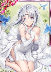 Rule 34 | 1girl, akkijin, bare shoulders, bird, blue eyes, breasts, bridal veil, cleavage, clover (flower), dress, flower, gloves, jewelry, lawn, looking at viewer, medium breasts, necklace, official art, oracle (shinkai no valkyrie), outdoors, seiza, shinkai no valkyrie, silver hair, sitting, tiara, veil, wedding dress, white gloves