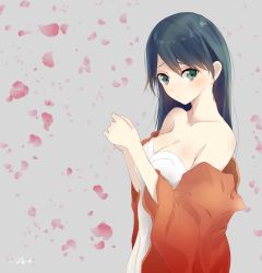 Rule 34 | 10s, 1girl, artist name, bare shoulders, black hair, blush, breasts, cleavage, collarbone, dress, green eyes, grey background, head tilt, highres, houshou (kancolle), japanese clothes, kantai collection, kimono, large breasts, long hair, long sleeves, off shoulder, open clothes, open kimono, own hands together, petals, rose petals, signature, simple background, solo, strapless, strapless dress, tareme, tebi (tbd11), upper body, white dress