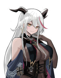 Rule 34 | 1girl, absurdres, aegir (azur lane), azur lane, bare shoulders, breasts, earrings, future zero, gold, highres, horns, jewelry, large breasts, light blush, looking at viewer, navel visible through clothes, pointing, pointing at self, see-through, smile, underboob, white hair, yellow eyes
