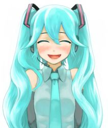 Rule 34 | 1girl, ^ ^, bad id, bad pixiv id, bare shoulders, blue hair, blush, closed eyes, detached sleeves, closed eyes, happy, hatsune miku, headset, long hair, necktie, sobyoukyou, solo, twintails, upper body, vocaloid, wavy hair