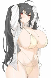 Rule 34 | 1girl, ahoge, alternate costume, arms up, azur lane, bikini, black hair, blush, breasts, cleavage, collared shirt, commentary, cowboy shot, curvy, dress shirt, hair between eyes, hands in hair, highres, huge breasts, long hair, looking at viewer, misato, multi-strapped bikini, navel, official alternate costume, open clothes, open shirt, parted lips, red eyes, shirt, side-tie bikini bottom, simple background, solo, standing, stomach, string bikini, swimsuit, taihou (azur lane), taihou (seaside daydreams) (azur lane), white background, white shirt, wing collar, yellow bikini