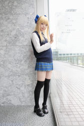 Rule 34 | 1girl, against glass, asian, black footwear, black thighhighs, blonde hair, blue eyes, blue ribbon, blurry, bow, breasts, character request, color contacts, cosplay, depth of field, dress shirt, full body, hair bow, high heels, highres, indoors, looking at viewer, mary janes, miniskirt, mole, mole under mouth, namada, necktie, photo (medium), pigeon-toed, plaid, plaid skirt, pleated skirt, ribbon, school uniform, shirt, shoes, skirt, small breasts, solo, standing, sweater vest, thighhighs, white shirt, window, zettai ryouiki