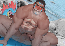 Rule 34 | abs, absurdres, anal, bara, beard, body hair, completely nude, creatures (company), dark-skinned male, dark skin, facial hair, feraligatr, furry, furry male, furry with non-furry, game freak, gen 2 pokemon, highres, interspecies, male focus, male penetrated, matt (pokemon), nintendo, nipples, nude, nywlub (bulwyn), outdoors, penis, pokemon, pokemon (creature), pokemon oras, pokephilia, public indecency, sex, smaller dominant, spread legs, steam, straddling, tagme, tan, tanline, team aqua, textless version, thighs, water, yaoi