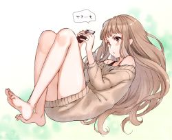 Rule 34 | 1girl, :o, bare shoulders, barefoot, black shirt, blonde hair, blush, cellphone, feet, full body, hair between eyes, holding, holding phone, long hair, long sleeves, open mouth, phone, red riding hood (sinoalice), shirt, sinoalice, solo, sweater, teroru, toes, v-shaped eyebrows, yellow eyes