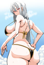 Rule 34 | 1girl, ass, bikini, blush, breasts, bright pupils, butt crack, highres, huge breasts, imagawa akira, large breasts, long hair, looking at viewer, looking back, pale skin, red eyes, selvaria bles, senjou no valkyria, senjou no valkyria (series), senjou no valkyria 1, skindentation, solo, swimsuit, very long hair, wide hips