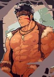 Rule 34 | 1boy, abs, bara, black hair, brown headband, closed mouth, copyright request, ear piercing, flee ad, grey eyes, headband, highres, jewelry, looking at viewer, male focus, muscular, muscular male, necklace, nipples, pectorals, piercing, short hair, solo, tan, tooth necklace, upper body