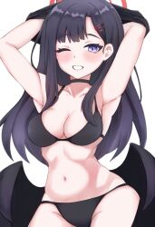 Rule 34 | 1girl, absurdres, armpits, artist request, bikini, black bikini, black hair, black wings, blue archive, breasts, chef rat, closed eyes, commentary typo, hair ornament, hairclip, halo, highres, ichika (blue archive), long hair, low wings, medium breasts, one eye closed, smile, solo, swimsuit, wings