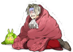 Rule 34 | 1boy, 1other, ace attorney, ascot, blank eyes, blanket, creatures (company), crossover, game freak, gen 5 pokemon, gpnet, grey hair, miles edgeworth, nintendo, parted bangs, pokemon, pokemon (creature), scared, short hair, simple background, sitting, swadloon, sweat, trembling, white ascot, white background