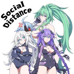 Rule 34 | 4girls, ahoge, angry, black heart (neptunia), blanc (neptunia), blue hair, braid, breast envy, breasts, coronavirus pandemic, gloves, green hair, green heart (neptunia), height difference, highres, leotard, light blue hair, long hair, looking at another, looking at viewer, medium breasts, multiple girls, neptune (neptunia), neptune (series), noire (neptunia), ponytail, power symbol, power symbol-shaped pupils, purple eyes, purple hair, purple heart (neptunia), red eyes, short hair with long locks, simple background, symbol-shaped pupils, thighs, twin braids, up (mmmmmmmmss), vert (neptunia), very long hair, white background, white hair, white heart (neptunia)