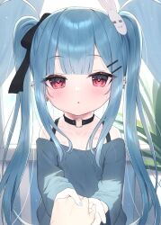Rule 34 | 1boy, 1girl, :o, bad id, bad twitter id, bare shoulders, black bow, blue hair, blush, bow, collarbone, commentary request, curtains, ear piercing, grey shirt, hair bow, hair ornament, hairclip, highres, holding hands, indoors, long hair, looking at viewer, off-shoulder shirt, off shoulder, original, out of frame, parted lips, piercing, rabbit hair ornament, red eyes, shirt, solo focus, tsukiman, twintails, very long hair, window