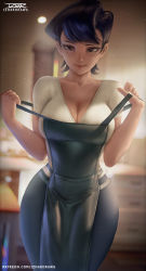 Rule 34 | 1girl, apron, artist name, black eyes, black hair, blurry, blurry background, breasts, cleavage, commentary, cowboy shot, curvy, english commentary, green apron, highres, izhardraws, kitchen, komi-san wa komyushou desu, komi shuuko, large breasts, light particles, looking at viewer, mature female, pants, pulling own clothes, seductive smile, shirt, short hair, short sleeves, smile, solo, wide hips