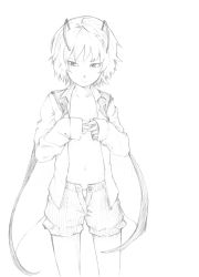 Rule 34 | 1girl, antennae, bad id, bad pixiv id, cape, dress shirt, female focus, flat chest, graphite (medium), greyscale, long sleeves, monochrome, open clothes, open shirt, open shorts, shirt, short hair, shorts, sleeves past wrists, solo, takeuma, touhou, traditional media, unbuttoned, wriggle nightbug