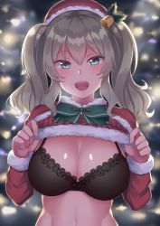 Rule 34 | 10s, 1girl, alternate costume, aqua eyes, bell, black bra, blurry, blurry background, bra, breasts, capelet, cleavage, clothes lift, depth of field, fur trim, hair ornament, hat, highres, kantai collection, kashima (kancolle), lace, lace-trimmed bra, lace trim, large breasts, long sleeves, looking at viewer, open mouth, santa costume, santa hat, shiny skin, shirt lift, silver hair, snow, snowing, solo, teeth, twintails, underwear, usa b
