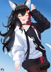 Rule 34 | 1girl, absurdres, animal ear fluff, animal ears, black collar, black hair, black hoodie, black pantyhose, blue sky, closed eyes, collar, hair ornament, hairpin, highres, hololive, hood, hoodie, long hair, looking at viewer, multicolored hair, muutsu (maxwell0916), official alternate costume, ookami mio, ookami mio (casual), open mouth, pantyhose, ponytail, red hair, sky, smile, solo, streaked hair, tail, tail around own leg, two-tone hoodie, virtual youtuber, white hoodie, wolf ears, wolf girl, wolf tail