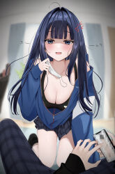 Rule 34 | 1boy, 1girl, absurdres, ahoge, black hair, black skirt, blue eyes, blue jacket, blurry, blurry background, breasts, cellphone, censored, cleavage, commentary request, highres, holding, holding mask, holding phone, indoors, jacket, large breasts, long hair, long sleeves, looking at viewer, mask, mole, mole under eye, mosaic censoring, open mouth, original, phone, pleated skirt, pov, skirt, smile, thighs, uiri-na, white mask