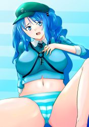 Rule 34 | 1girl, absurdres, blue eyes, blue hair, breasts, cameltoe, female focus, hair bobbles, hair ornament, hat, highres, kawashiro nitori, key, large breasts, looking at viewer, matching hair/eyes, navel, open mouth, panties, shumichi, solo, spread legs, striped clothes, striped panties, touhou, twintails, two side up, underwear