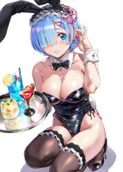 Rule 34 | 1girl, alternate costume, animal ears, bare shoulders, black footwear, black leotard, blue eyes, blue hair, blue hawaii, bow, bowtie, breasts, brown thighhighs, cleavage, detached collar, eyes visible through hair, fake animal ears, fake tail, frilled thighhighs, frills, hair ornament, hand up, headdress, high heels, highleg, highleg leotard, highres, holding, holding tray, large breasts, leotard, looking at viewer, nagayori, parted lips, playboy bunny, rabbit ears, rabbit tail, re:zero kara hajimeru isekai seikatsu, rem (re:zero), shiny clothes, short hair, simple background, solo, squatting, strapless, strapless leotard, tail, thighhighs, thighs, tray, tropical drink, white background, wrist cuffs, x hair ornament