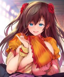 Rule 34 | 1boy, 1girl, asahi (fullmetal madness), blue eyes, blush, breasts, breasts squeezed together, brown hair, earrings, fate/grand order, fate (series), flower, hair flower, hair ornament, hetero, hoop earrings, jewelry, large breasts, long hair, looking at viewer, mata hari (fate), open mouth, paizuri, paizuri under clothes, puffy short sleeves, puffy sleeves, short sleeves, smile